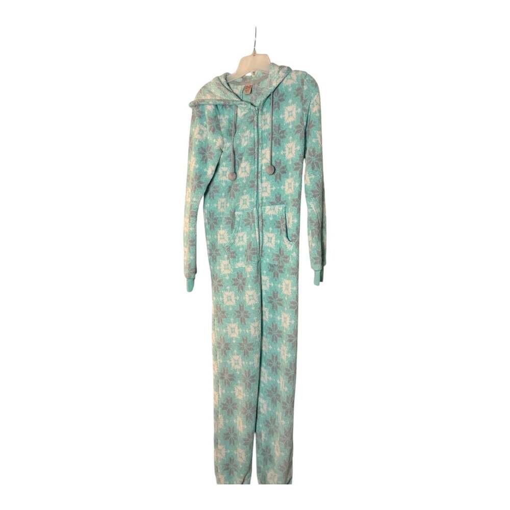 Junior's SO Teal White Fleece One-Piece Pajamas PJ Size Small EUC